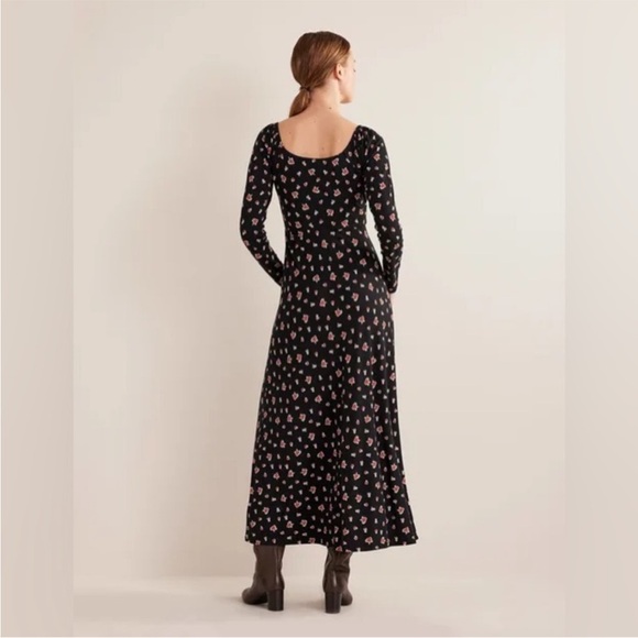 Boden Sweetheart Jersey Midi Dress Black Rose Pop Floral long sleeve Size 12 - Picture 3 of 9